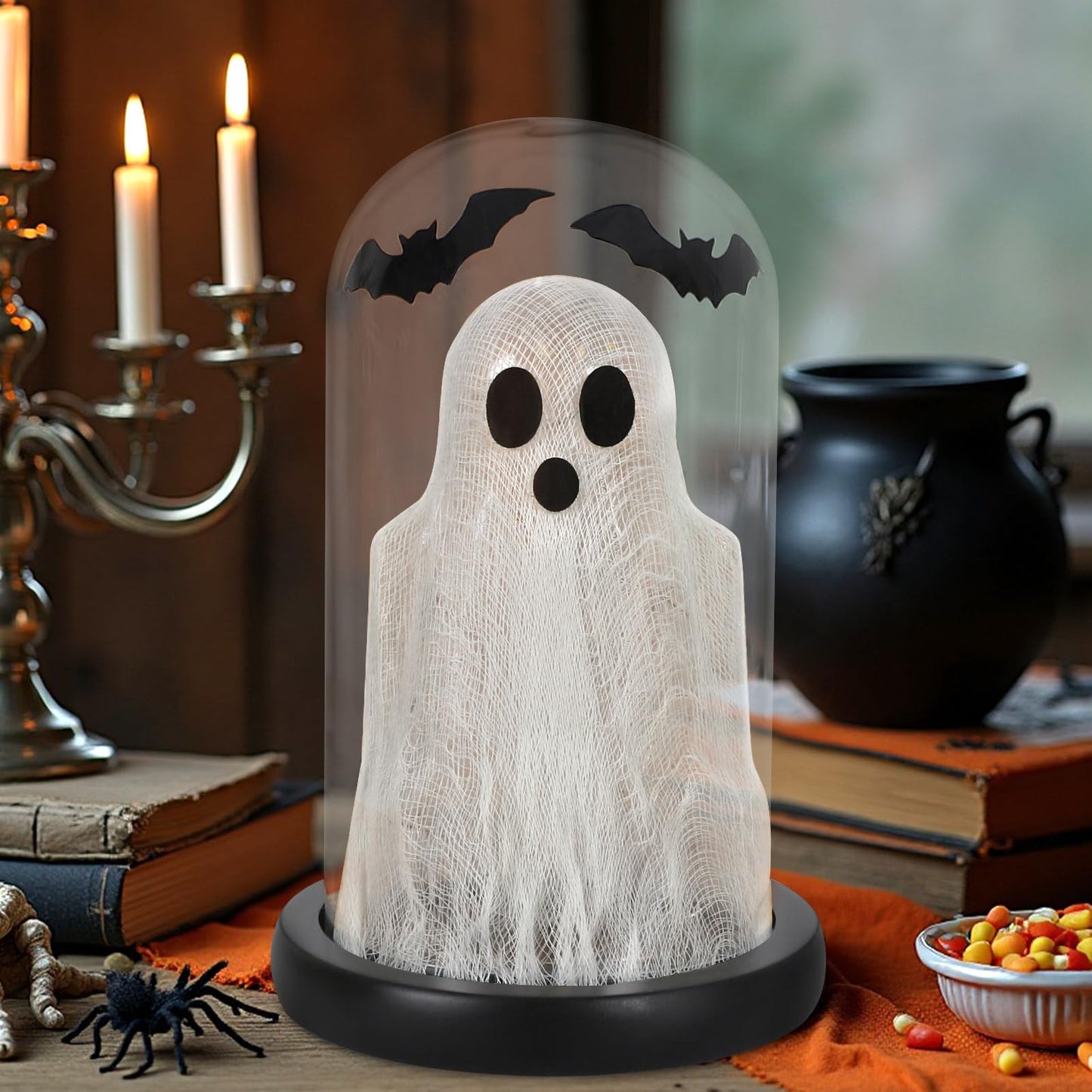 DAZONGE Halloween Decorations Indoor, Lighted Ghost in Glass Dome Cloche, Cute Spooky Halloween Ghost Decor for Tabletop Mantel Display