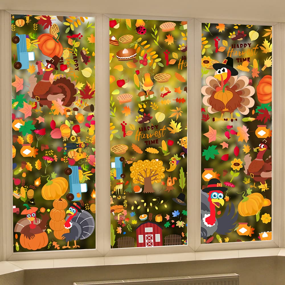 DUILE 350pc Thanksgiving Window Clings Fall Window Clings Fall Window Decor for Offices Autumn Window Clings Leaves Home School Office Thanksgiving Party Decorations Supplies