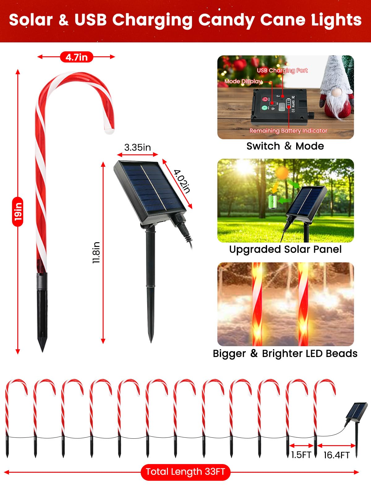 Upgraded 24 Pack Candy Cane Solar Christmas Lights Waterproof, Rechargeable Pathway Lights with Remote, Solar Powered & USB Charging Christmas Decorations Outdoor for Garden Lawn Yard Party