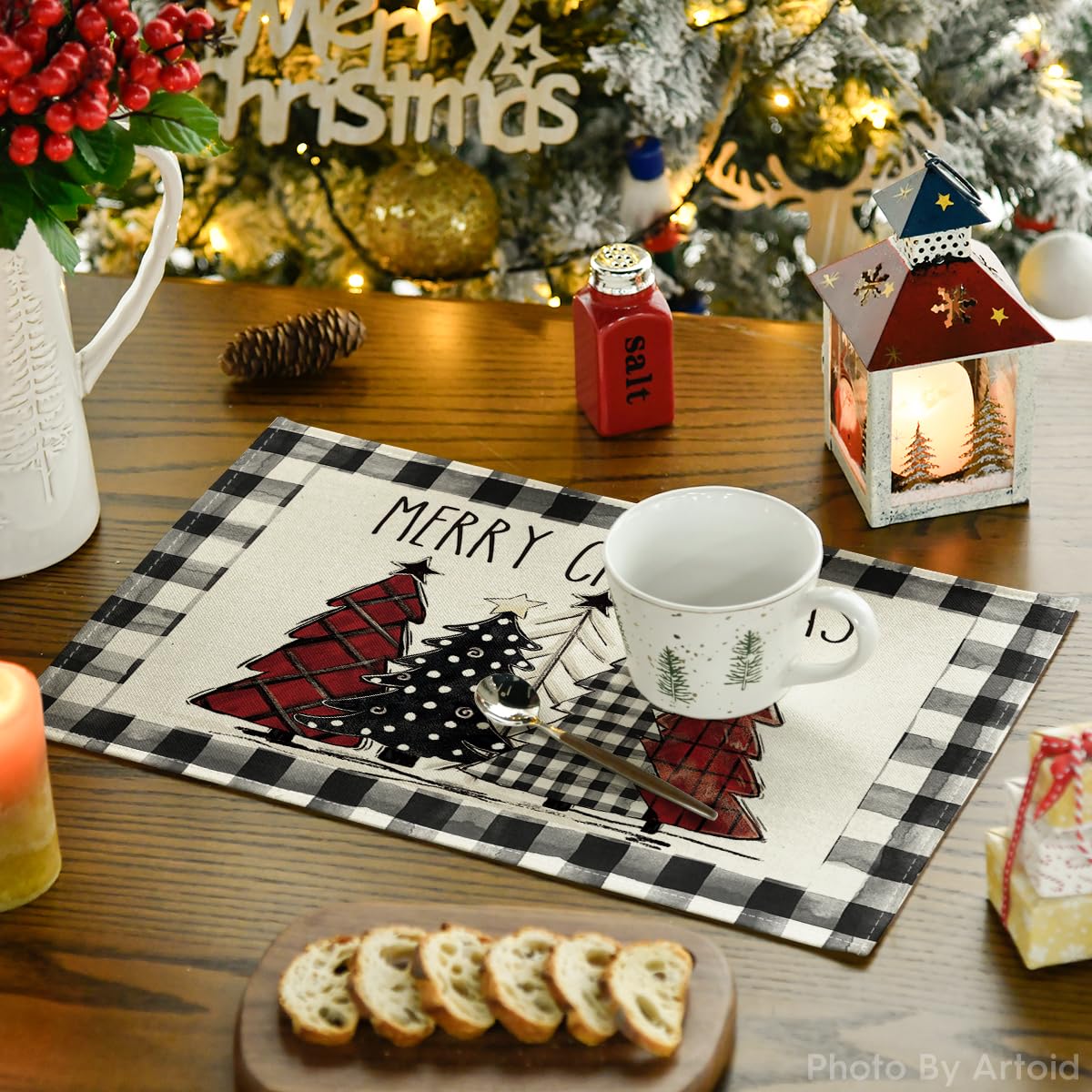 Artoid Mode Waterclor Buffalo Plaid Christmas Trees Placemats Set of 6, 12x18 Inch Winter Table Mats for Outdoor Home Party Kitchen Dining Decor