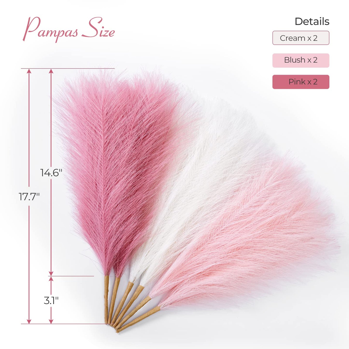 Pampas Grass Pink Decor 17.7 Inch 6pcs, Faux Pampas Grass Home Decor, Artificial Pampas Grass Blush Fake Pampas, Short Vase Room Christmas Decoration