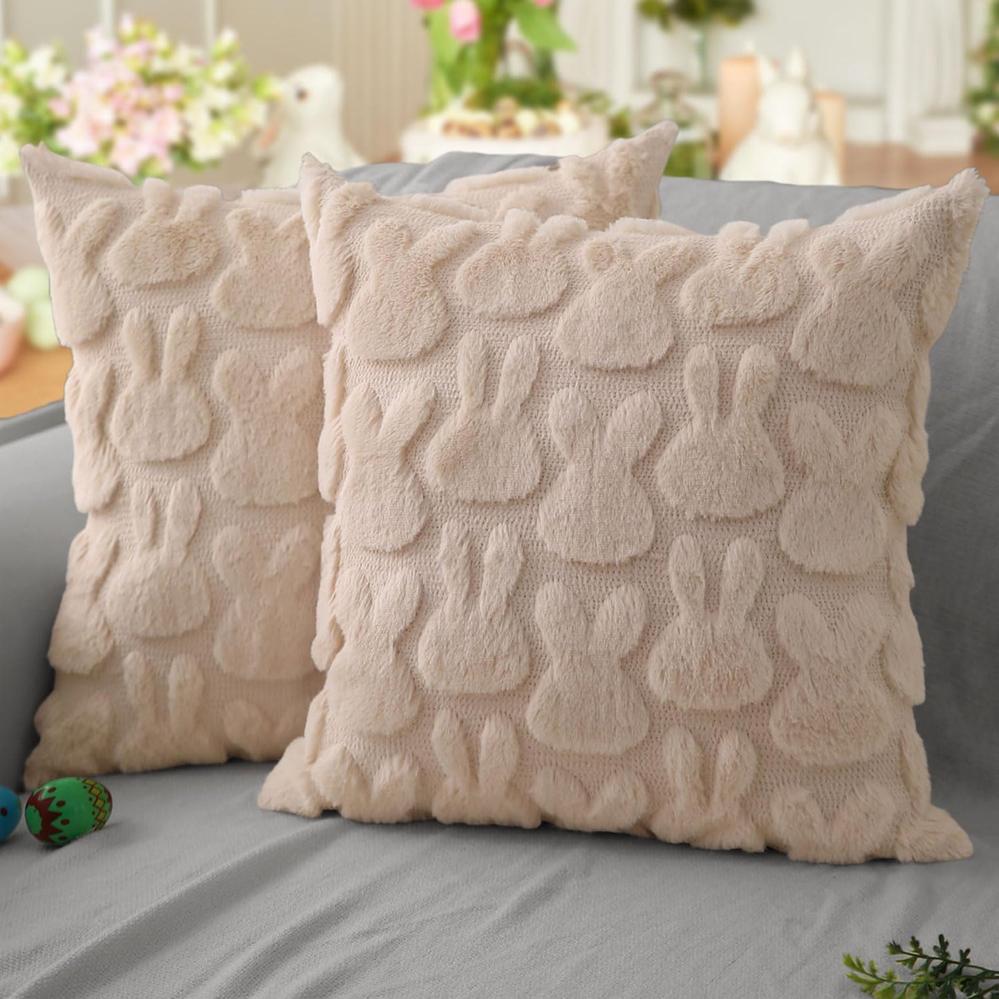 Easter Pillow Covers 18x18 inch Set of 2 Easter Decoration Beige Rabbit Soft Plush Faux Fur Jacquard Throw Pillows for Bedroom Sofa Holiday Festivals Home Decor FHJ-010C18