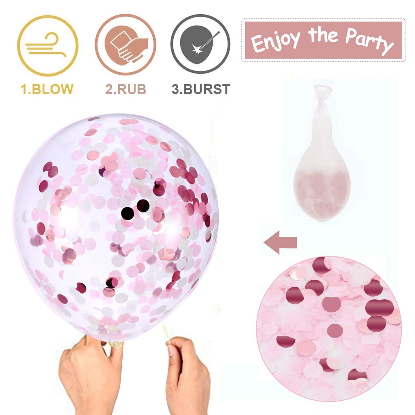 Thomtery Pink Confetti White Balloons, 50pcs 12 inch Latex Balloons for Birthday Party, Valentine's Day Decorations