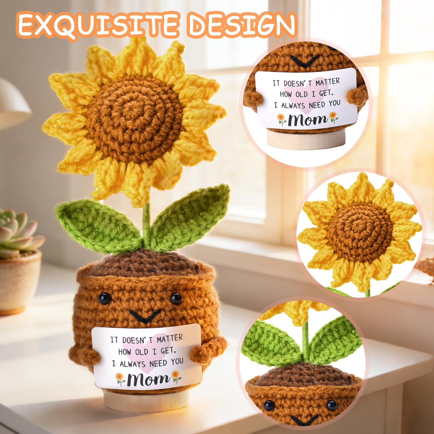 OEAGO Gifts for Mom Mothers Day: from Daughter Son Kids Mini Gifts for Mom Mama Handmade Crochet Cute Small Sunflowe Doll Gift Christmas Birthday Present Idea for Mother Knitted Decor 6.69 x 2.75inch