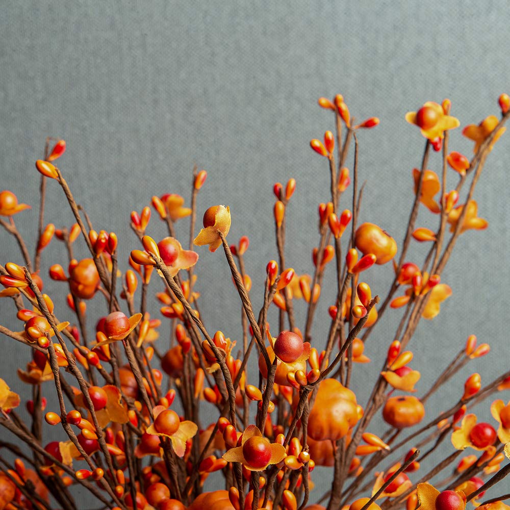 JINGHONG 6 Pack Fall Berry Stems 17" Tall Orange Pumpkin Picks Fall Branches for Vases Centerpieces Autumn Harvest Festival and Thanksgiving Day(Orange)