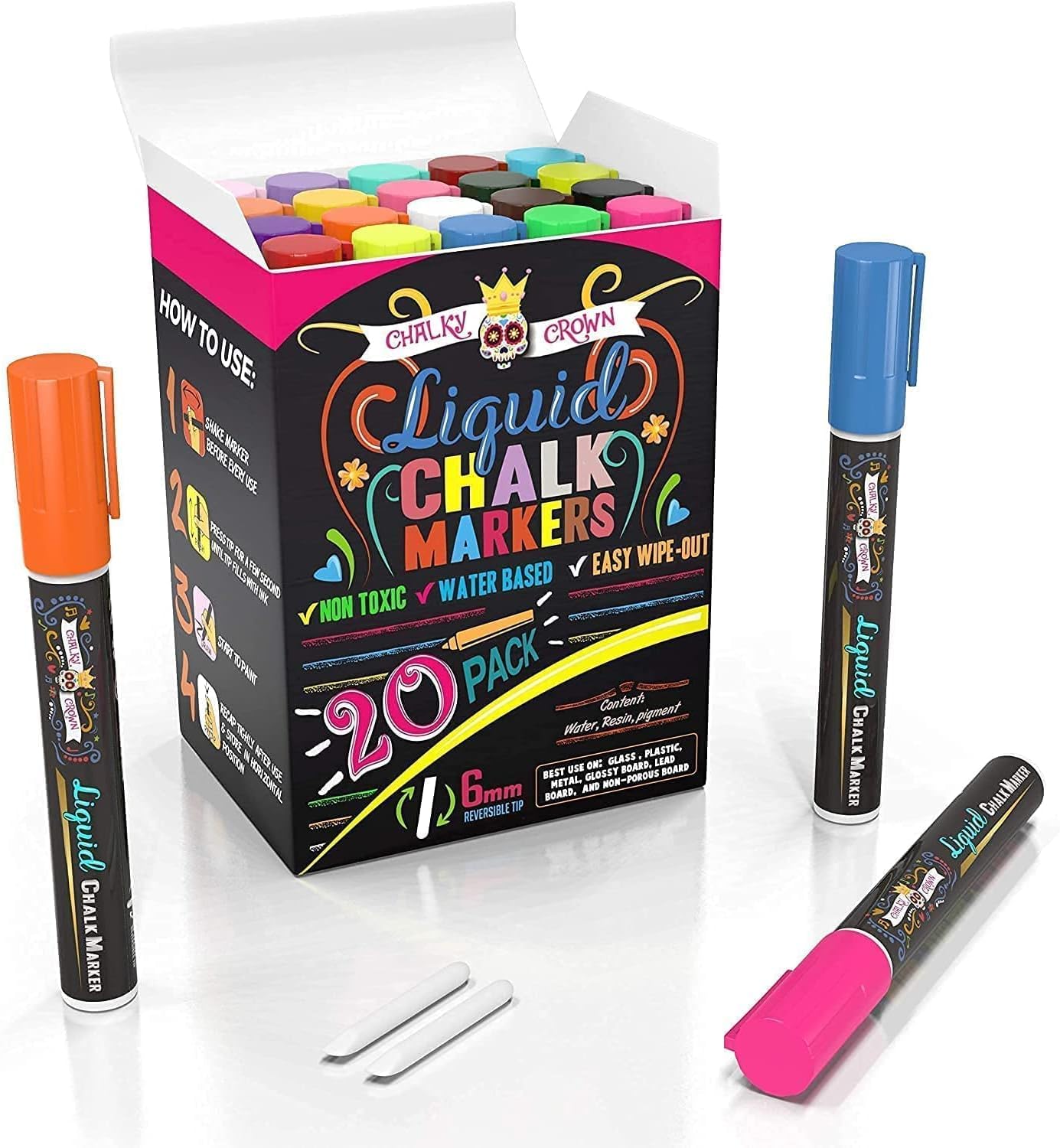 CHALKY CROWN Bold Chalk Markers - Dry Erase Marker Pens - Liquid Chalk Markers for Chalkboards, Signs, Windows, Blackboard, Glass - Reversible Tip (20 Pack) - (Multicolored, 6mm)