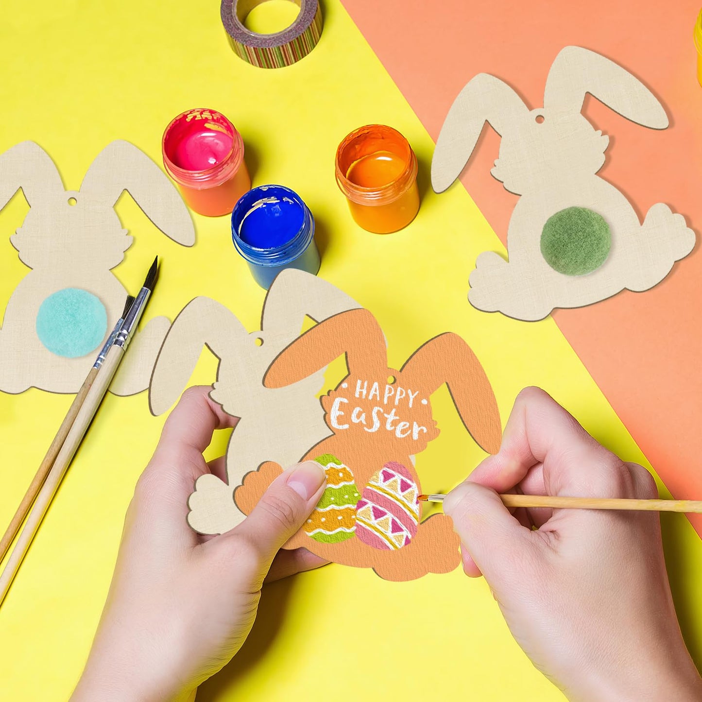 Wooden Rabbit Ornaments to Paint Easter Decoration Cutouts Unfinished 24PCS 3.5 x 3 inches, DIY Blank Bunny Unfinished Wood Discs Ornament for Home Crafts Hanging Spring Decoration