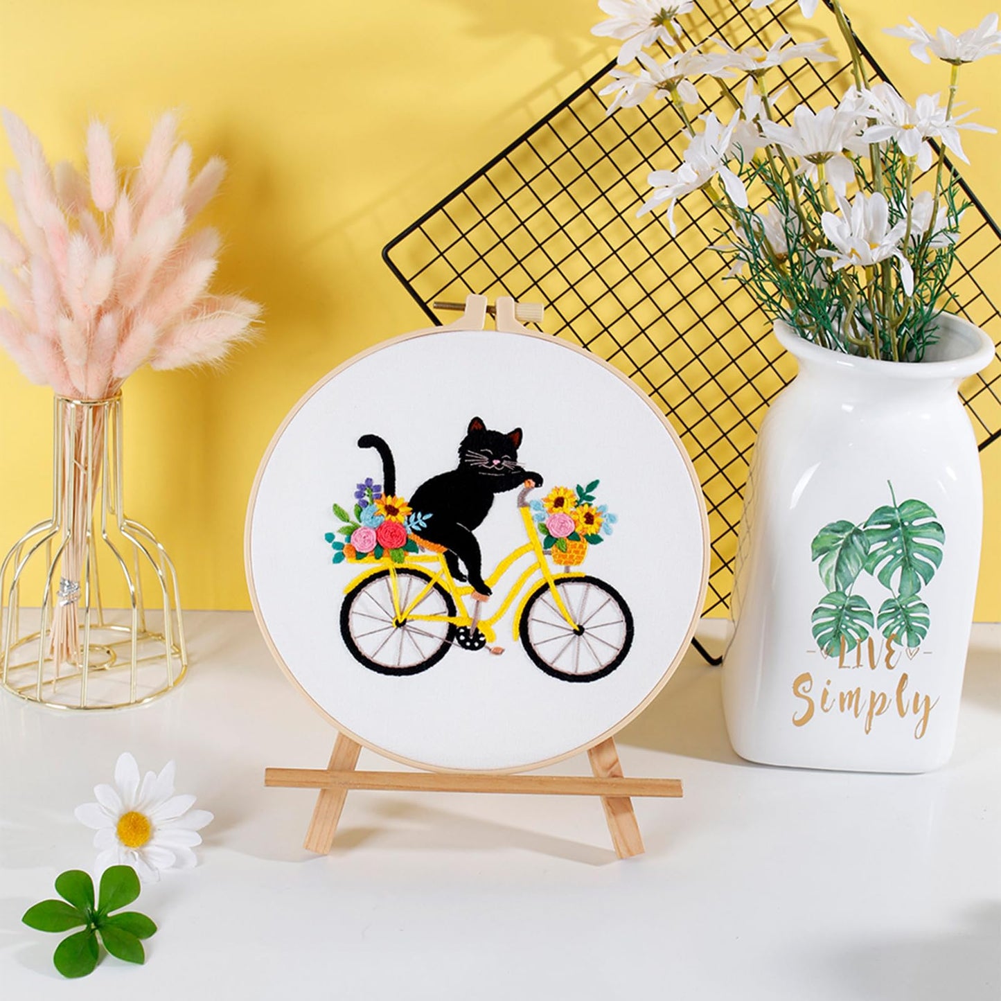 Louise Maelys Cute Cat Embroidery Kits for Beginners with Flower Bike Pattern,Adults Starter Cross Stitch Kit DIY Needlepoint