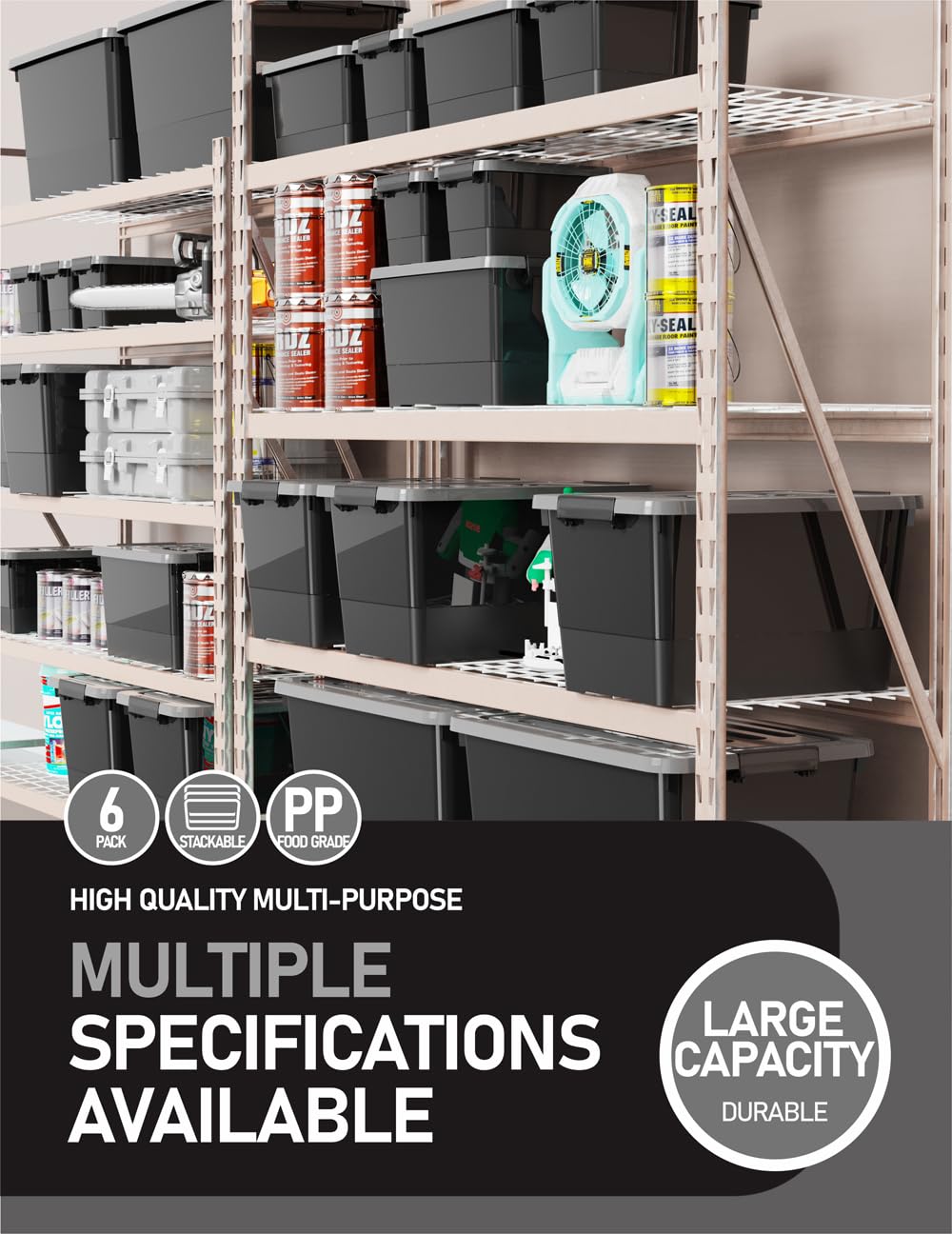 WYT Plastic Storage Bins with Lids and Latch, 6-Pack Small Stackable Plastic Organizing Box with Buckle and Handle, 3.5 Quart Durable Nestable Totes Containers (Black/Grey)