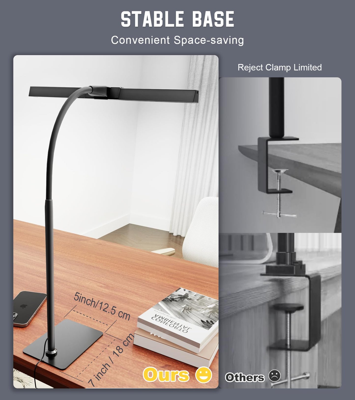 Kaulsoue Desk Lamp for Home Office with Base, Eye-Caring Desk Light with Adjustable Gooseneck, 12W USB Adapter Touch Control 5 Dimmable Brightness & Color Tall Lamp for Work, Computer, Study, Task