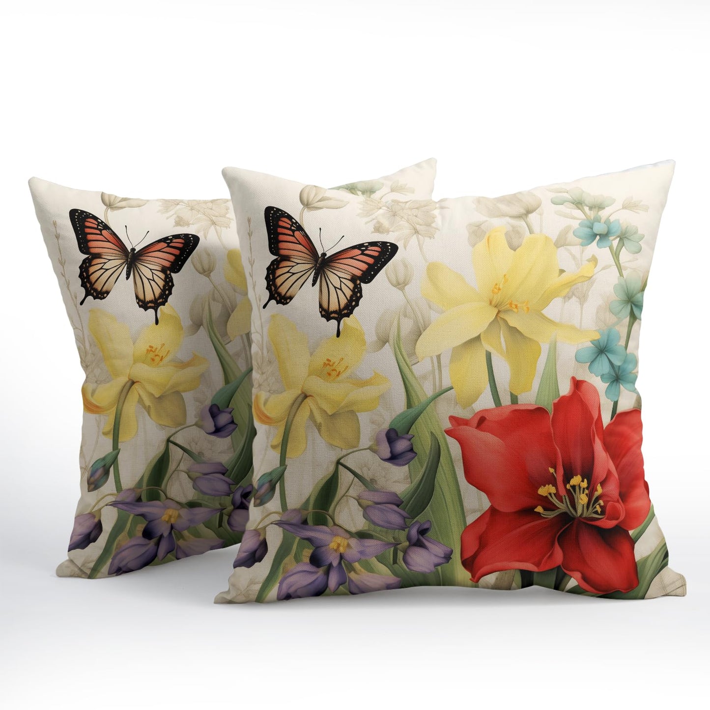 Spring Summer Flower Outdoor Decorative Pillow Covers 18x18 Inch Set of 2 Floral Butterfly Throw Pillows Spring Farmhouse Pillowcases Cotton Linen Cushion Covers for Couch Bed Sofa Chair Home Decor