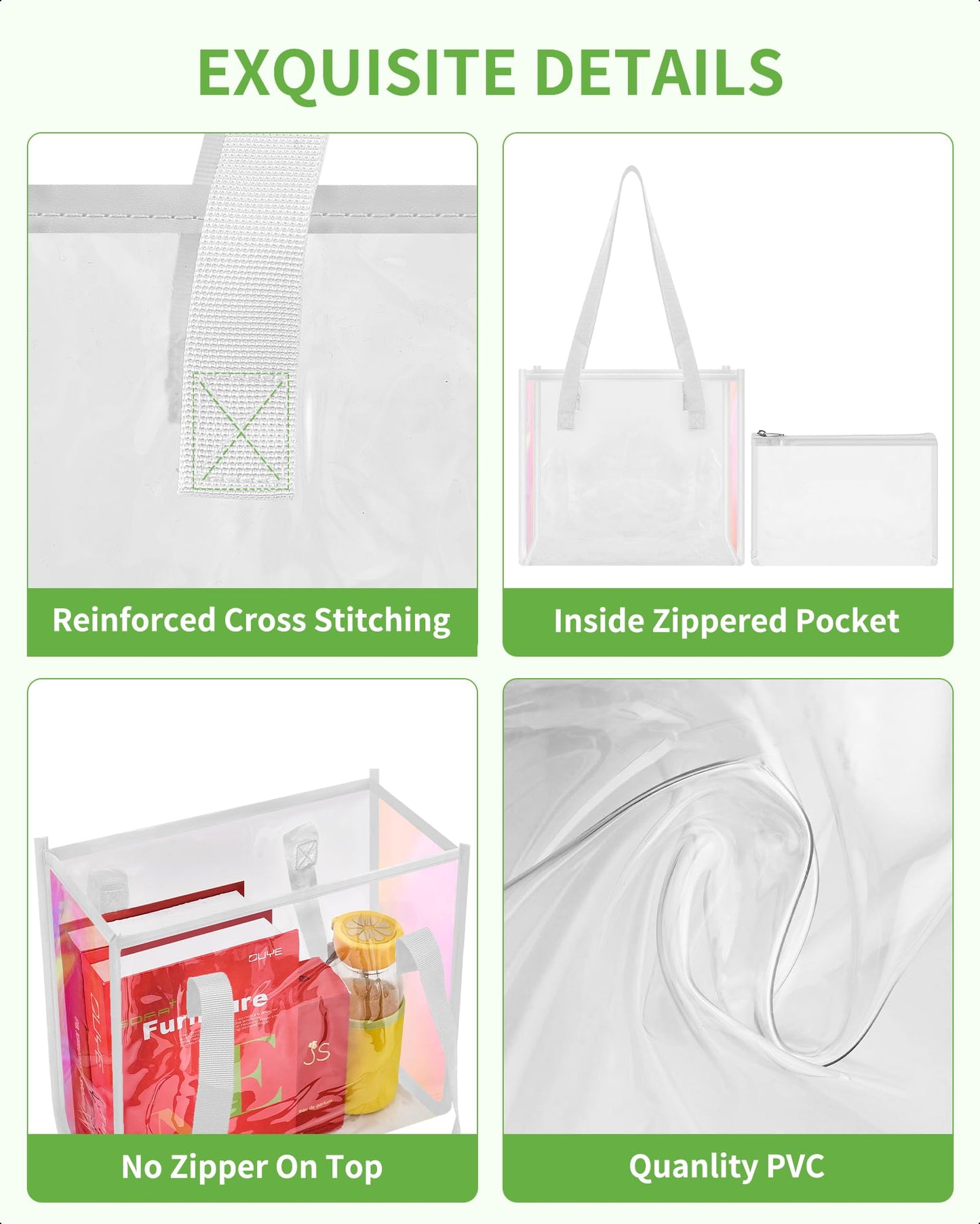 MAY TREE Clear Tote Bag Stadium Approved, Clear Beach Bag for Sports Work Security Travel Stadium Concert-White