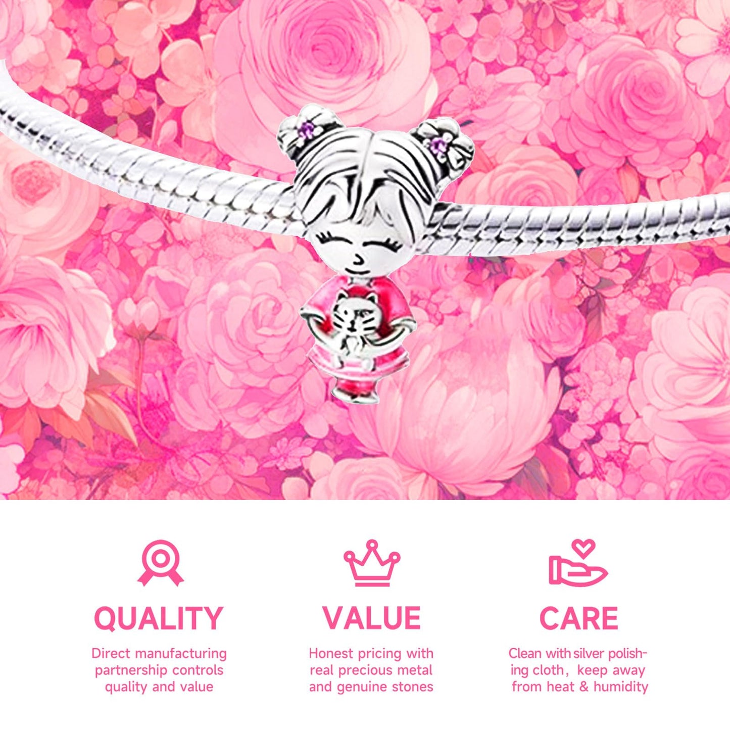 NUJIFFY 925 Sterling Silver Charms Bead for Bracelets & Necklaces, Pink Cat Charms Pendant, Bunny Piggy Bead Animal Charm Bracelets, Cool Graduation Gifts Jewelry for Women