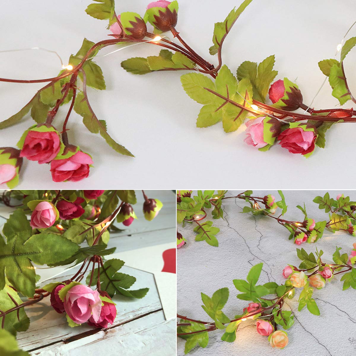 String Lights, 8 Light Modes 6ft 20 LED Rose Flower Garlands for Indoor Outdoor Decor, Fairy Light for Women Wedding Wall Windows Home Garden Party, Battery Powered Waterproof