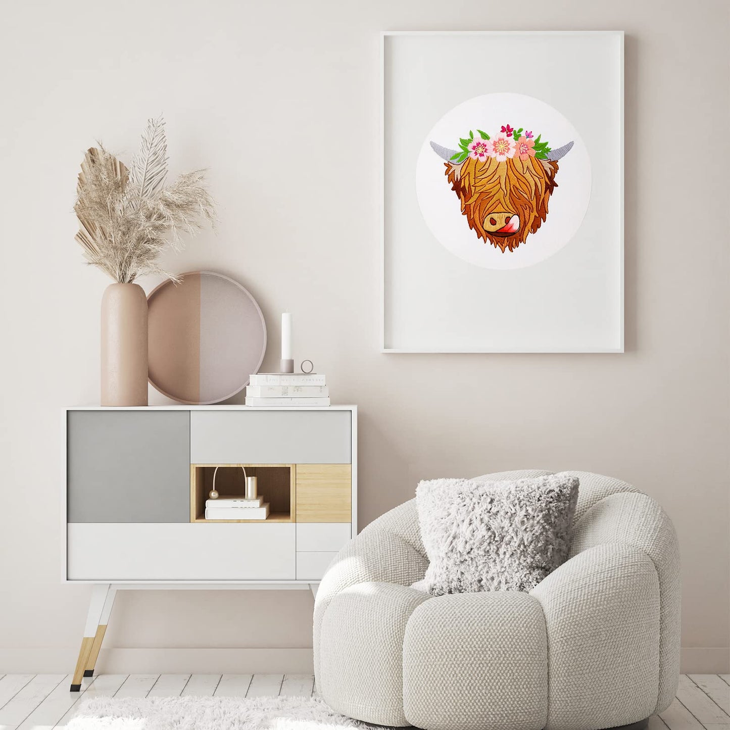 Louise Maelys Highland Cow Stamped Embroidery Kits for Beginners, Cross Stitch kit for Adults Include Instruction,Cloth,Hoop, Needles, Color Threads