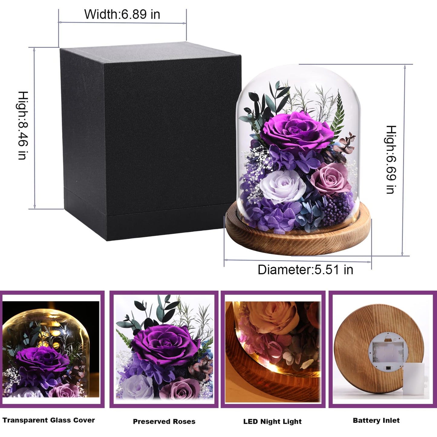 lovenfold Flowers for Delivery Preserved Rose Gifts for Women,Long-Lasting Forever Flowers in Glass Dome, Birthday Gifts for Women Mom Friend(Purple Rose)