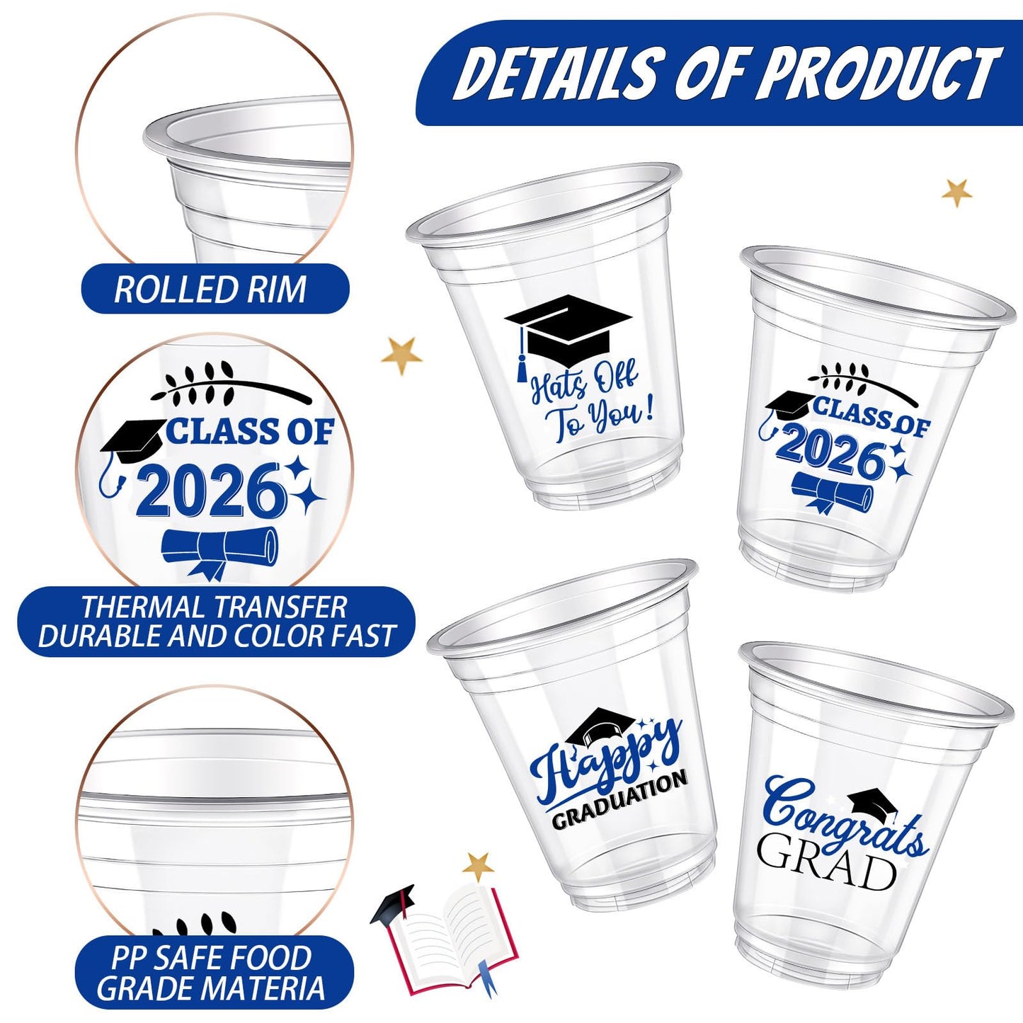 Eaasty 100 Pcs 12oz Graduation Cups 2026 Disposable Plastic Cups for Class of 2026 Graduation Party Congrats Grad Elegant Party Supplies Tableware Decorations (Blue)