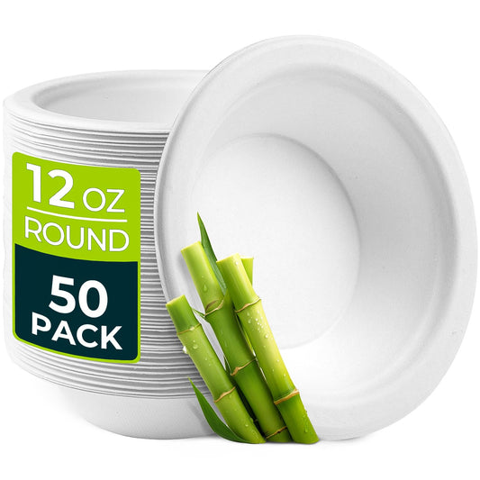 Hihomry Paper Bowls 12oz, Disposable Bowls Heavy Duty Microwave Safe for Dinner Hot Soup, Compostable Eco Friendly Sugarcane White Bowl Bulk for Cereal Snacks, 50 Count Ideal for Camping
