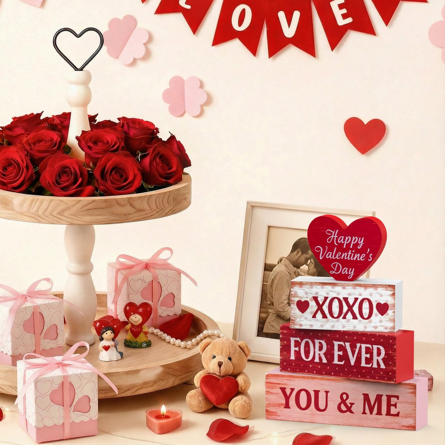 Valentines Day Decorations - 4 Pack Wooden Block Heart Set Signs Valentines Day Table Decor - 7.8 Inch Valentine's Decorations for Home Office Bedroom Tiered Tray Fireplace Mantel