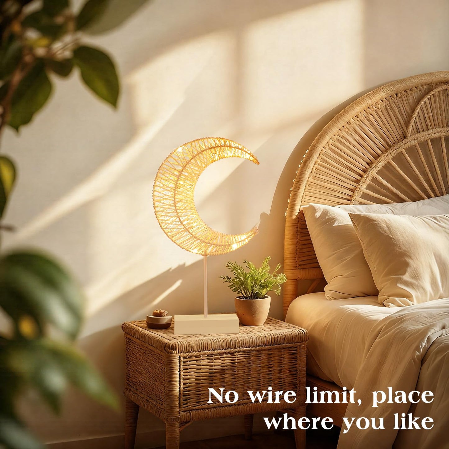 Ramadan Decorations Moon Table Lamp, Moon Shape Rattan Ramadan Desk Lamp Battery Powered Light, Winding Thread LED Crescent Light for Home Bedroom Bedside Desktop Eid Mubarak Decorations