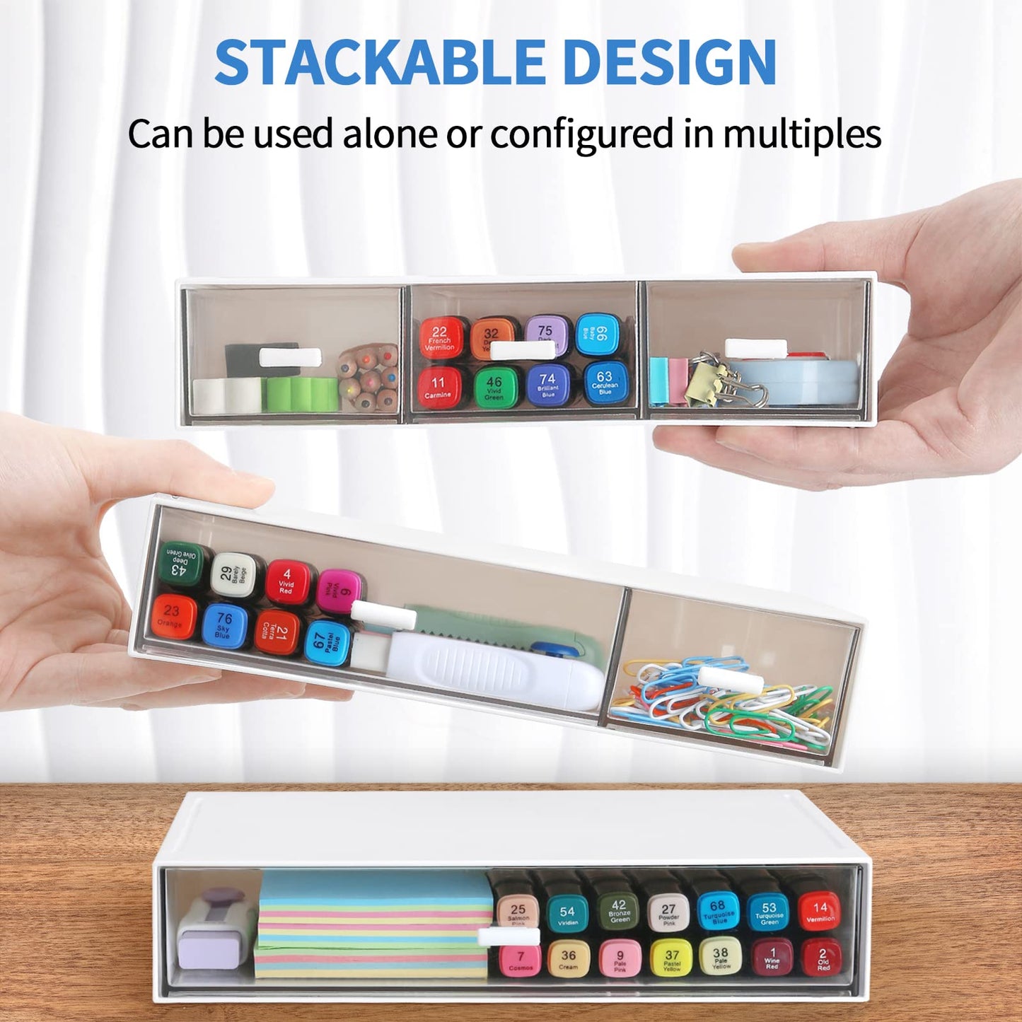 Stackable Desk Organizer, Plastic Storage Drawer for Office School Home Makeup, Pen Pencils Markers Stationery Supplies Organizers (White -3 Draws)