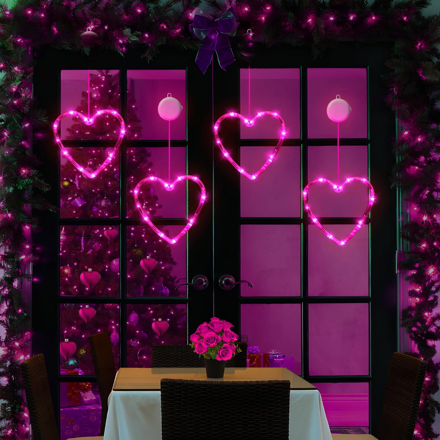 3 Pack Valentines Day Window Lights Decorations with Timer, Battery Powered Hanging Pink Lighted Heart Shaped Sucker LED Lamp for Fireplace Indoor Home Decor