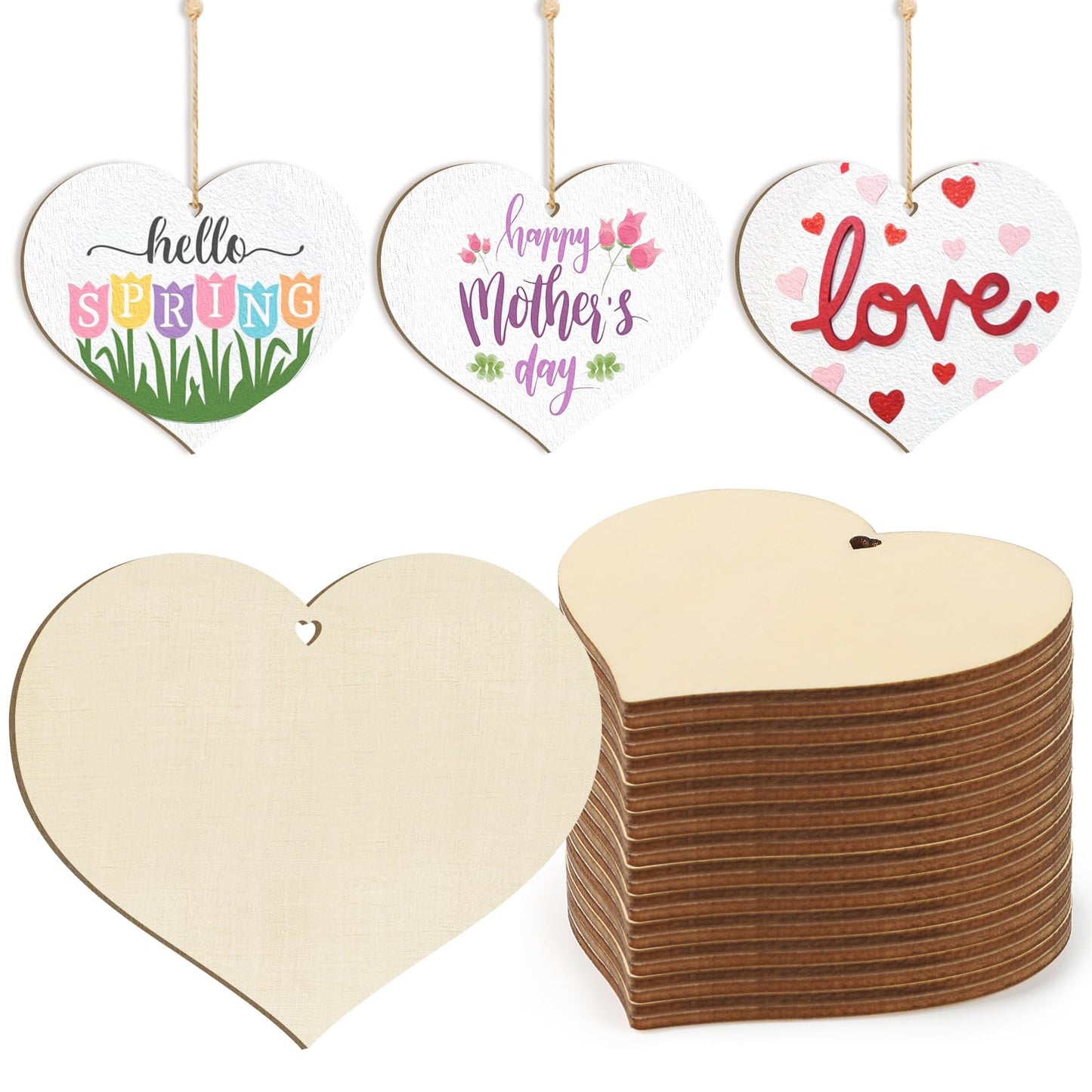 Wooden Heart Ornaments to Paint Mothers Day Decoration Cutouts Unfinished 24PCS 3.5 x 3 inches, DIY Blank Wood Discs Ornament for Home Crafts Hanging Valentine Day Father's Thanksgiving Decoration