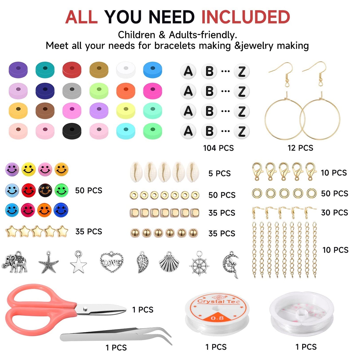 OPPRYN 6000 Pcs 24 Colors 6mm Polymer Clay Beads,Bracelet Making Kit,Preppy Flat Spacer Heishi Beads for Jewelry Making with Smiley Face Beads Letter Beads Pendant Charms kit,Gifts/DIY
