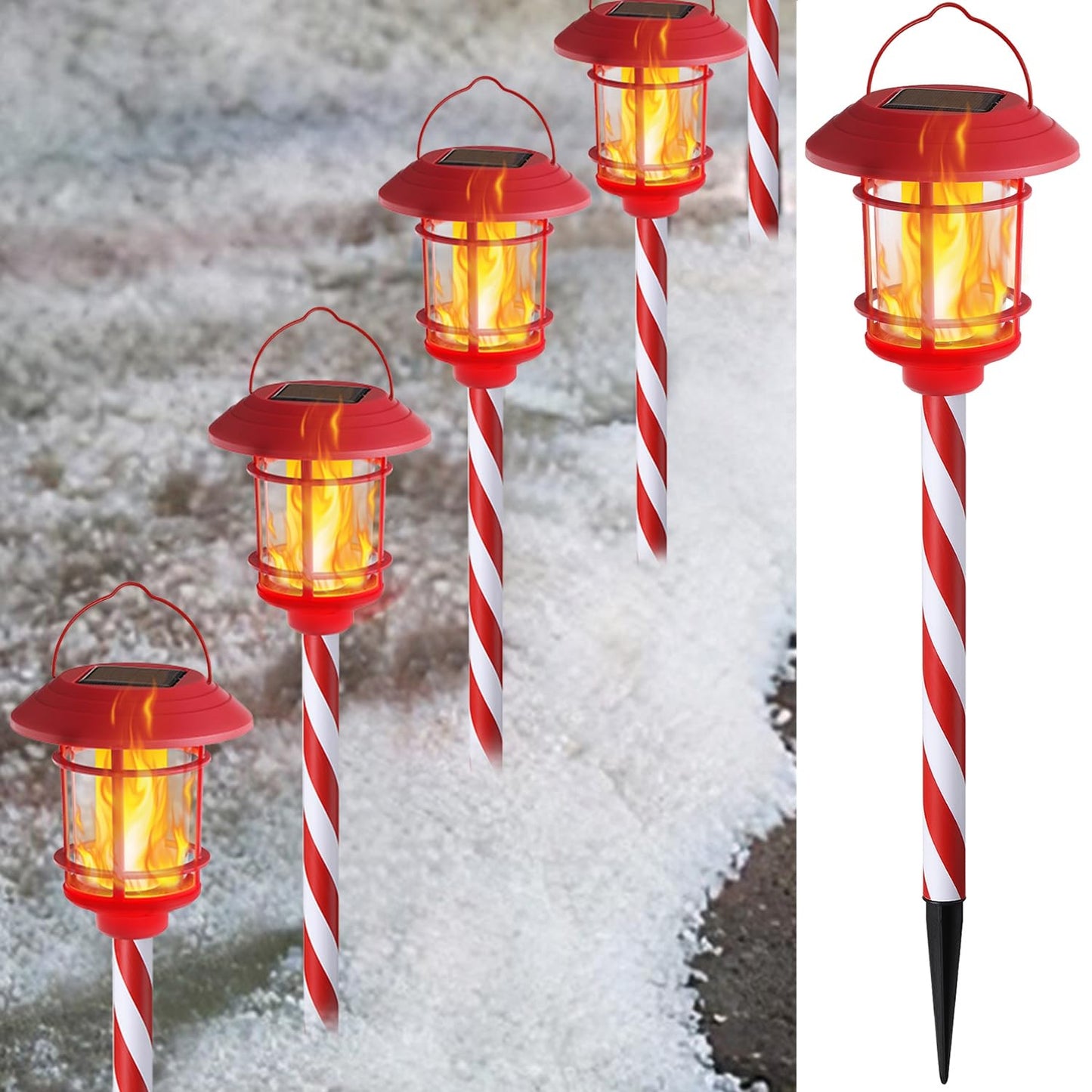 Dynaming 6 Pack Christmas Solar Flame Garden Lights Outdoor, Dual Use Flickering Flame Torch Candy Cane Pathway Marker, Xmas Hanging Lantern Lights, Waterproof & Auto On/Off for Patio Walkway Driveway
