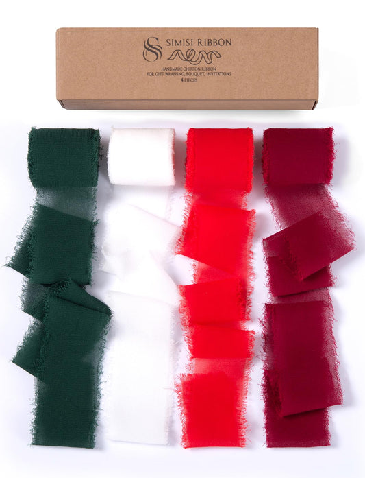Christmas Chiffon Ribbon Handmade Frayed Fringe Sheer Boho Silk Ribbons for Gift Wrapping, Floral, Wedding Invitations, Bouquet, 1-1/2'' 5 Yards*4 Rolls