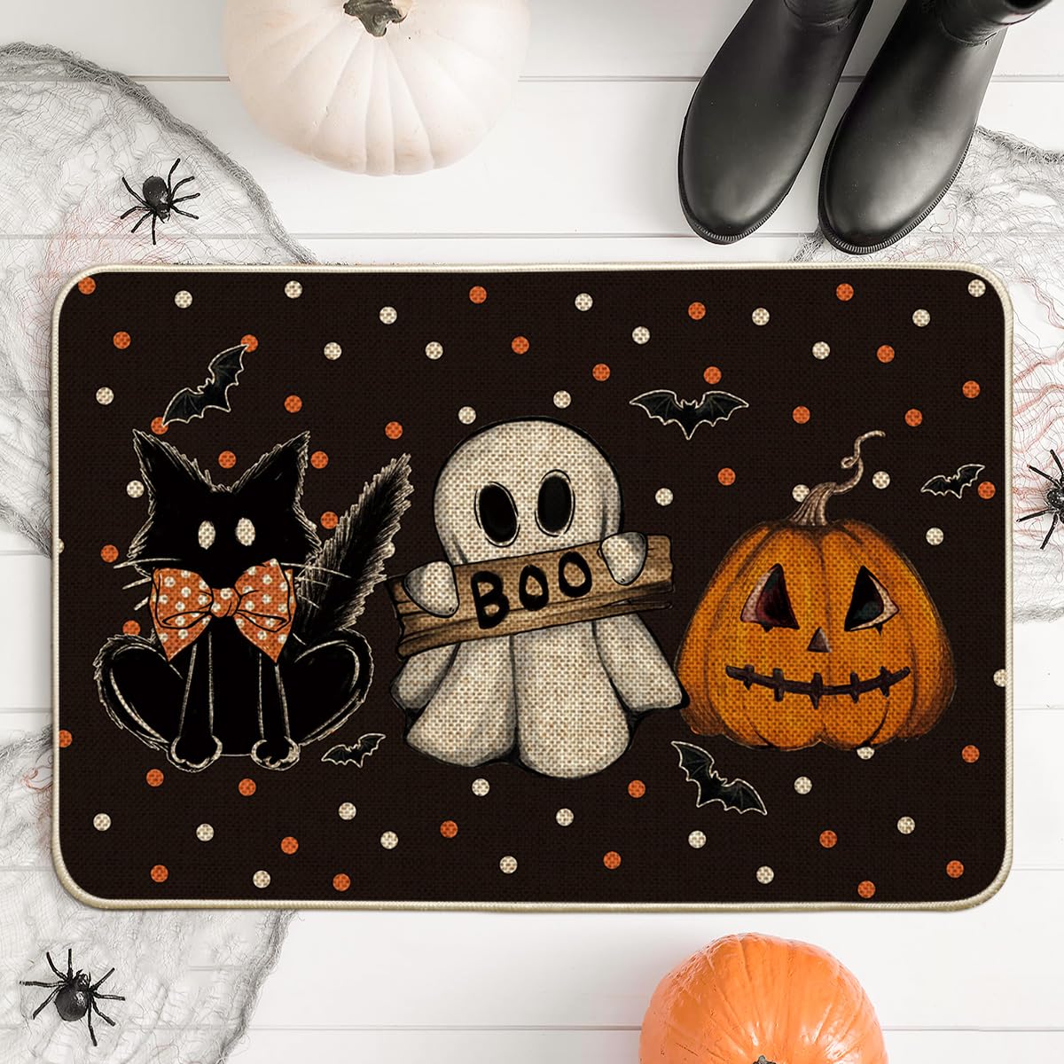 Artoid Mode Black Cat Jack-O'-Lantern Ghost Pumpkins Halloween Doormat, Seasonal Low-Profile Floor Switch Mat for Indoor Outdoor 24x35 Inch