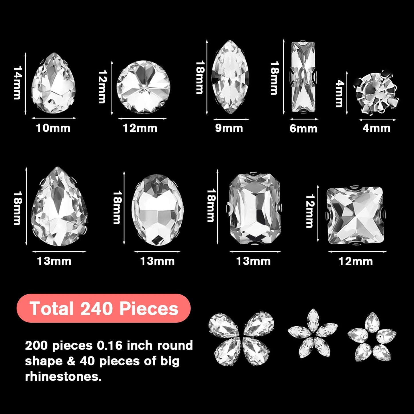JJUNW 240 PCS Sew on Rhinestones Mixed Shapes Glass Rhinestones Sew on Crystal Gems Mental Flatback wif Silver Claw for Jewelry Crafts Clothes Shoes Costume Garment(White)