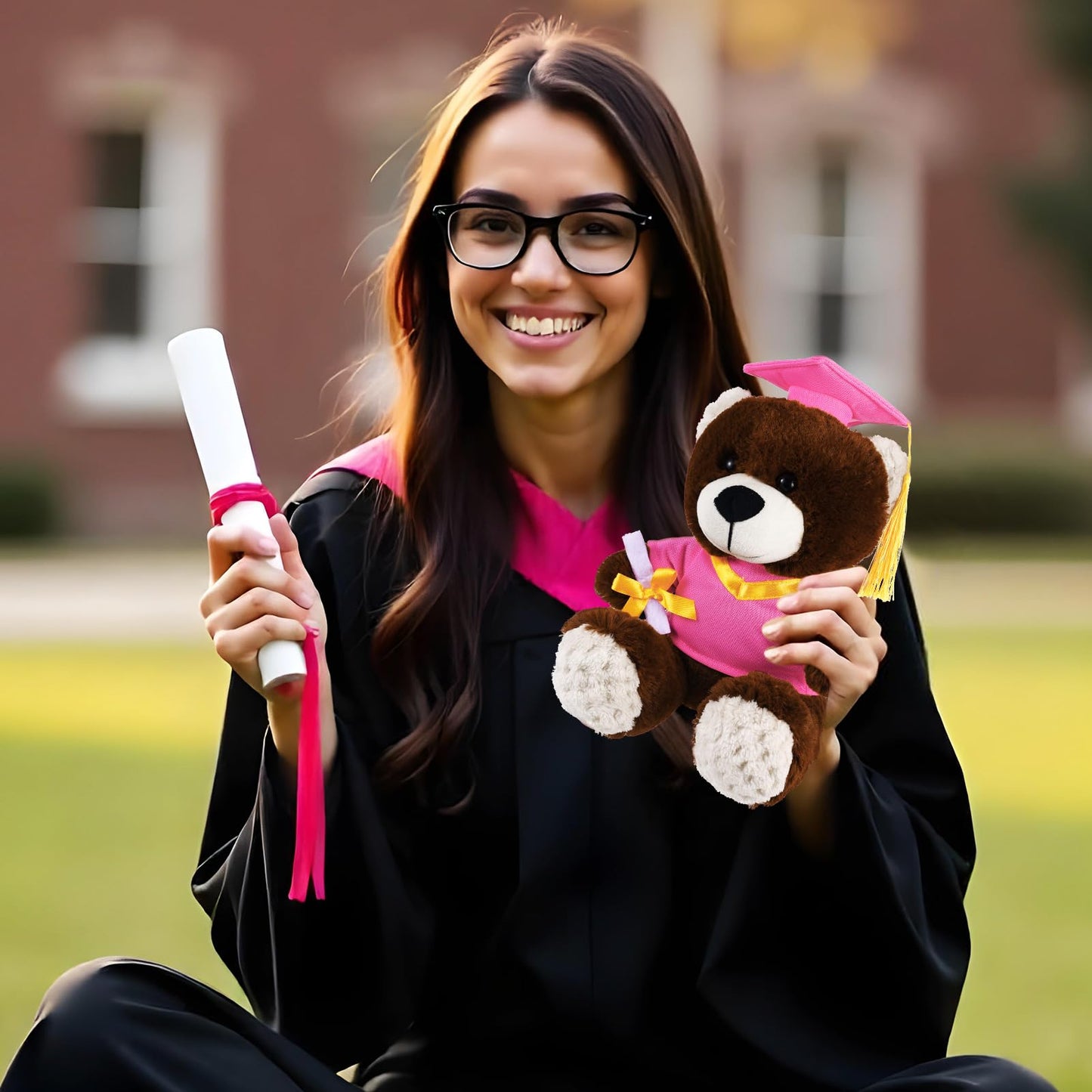 ZJoey Bear with Graduation Cap Toys Class of 2026 Plush Stuffed Teddy Bear Animal Dog Cap and Gown with Greeting Card and Bag for Graduation Day Gift(Pink)