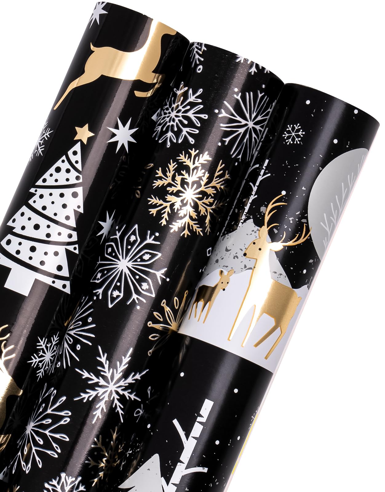 Christmas Wrapping Paper Roll - Mini Roll - 3 Rolls - 17 Inch X 120 Inch Per Roll - Black and Gold Reindeer Family, Snowflake Holiday Collection with Metallic Foil Shine