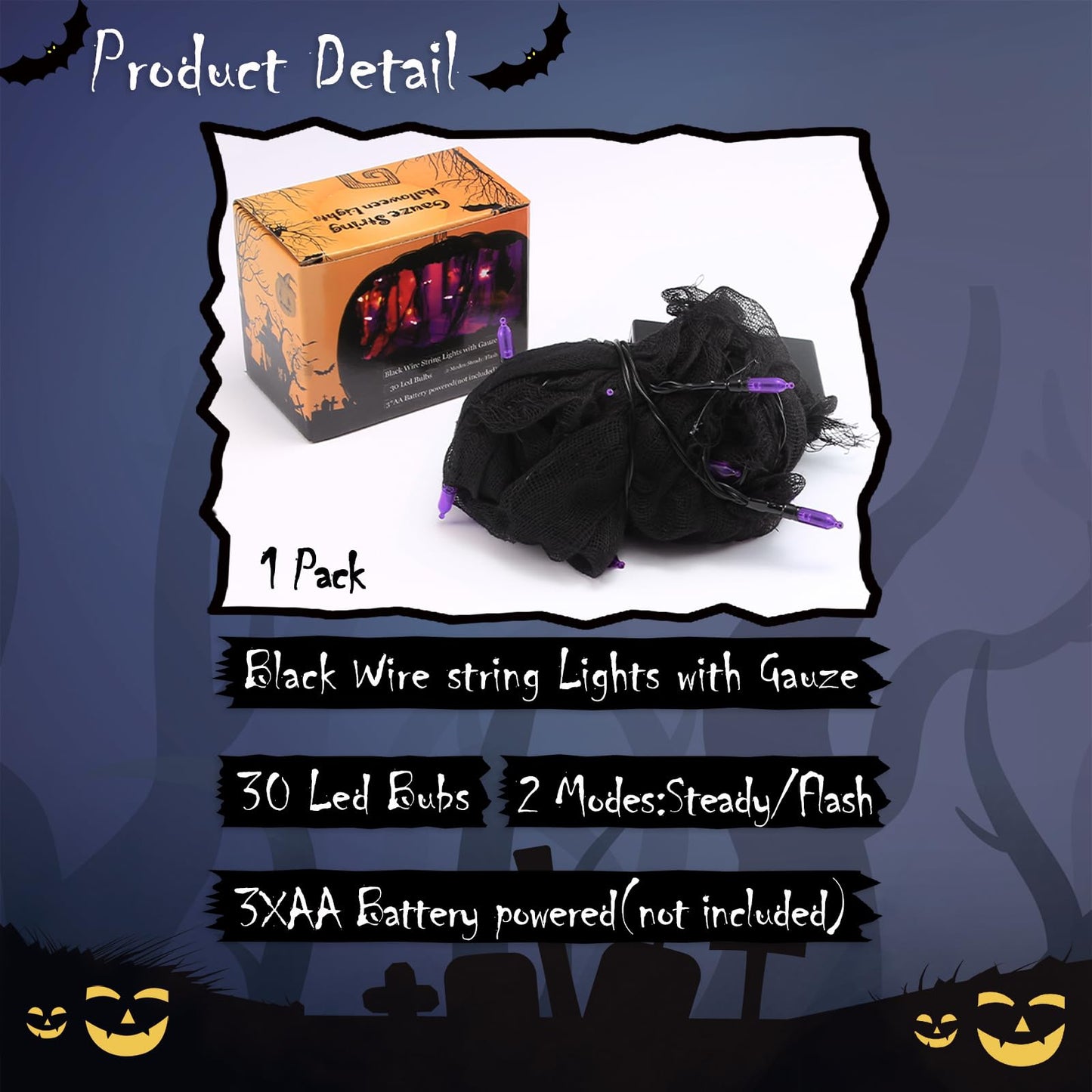 Halloween Decorations Purple String Fairy Lights Indoor, 30LED Black Gauze Halloween Garland, Timer 8 Mode Battery Operated Powered, 9.9Ft Creepy Cloth, Gothic Party Room Mental Fireplace Decor 1PACK