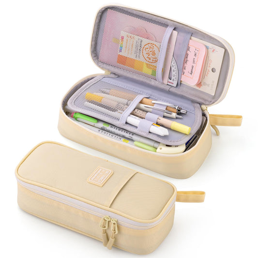 Durable Pen Pencil Case Big Storage Pen Pouch Bag for School Supplies College Teen Girls Adults, Beige