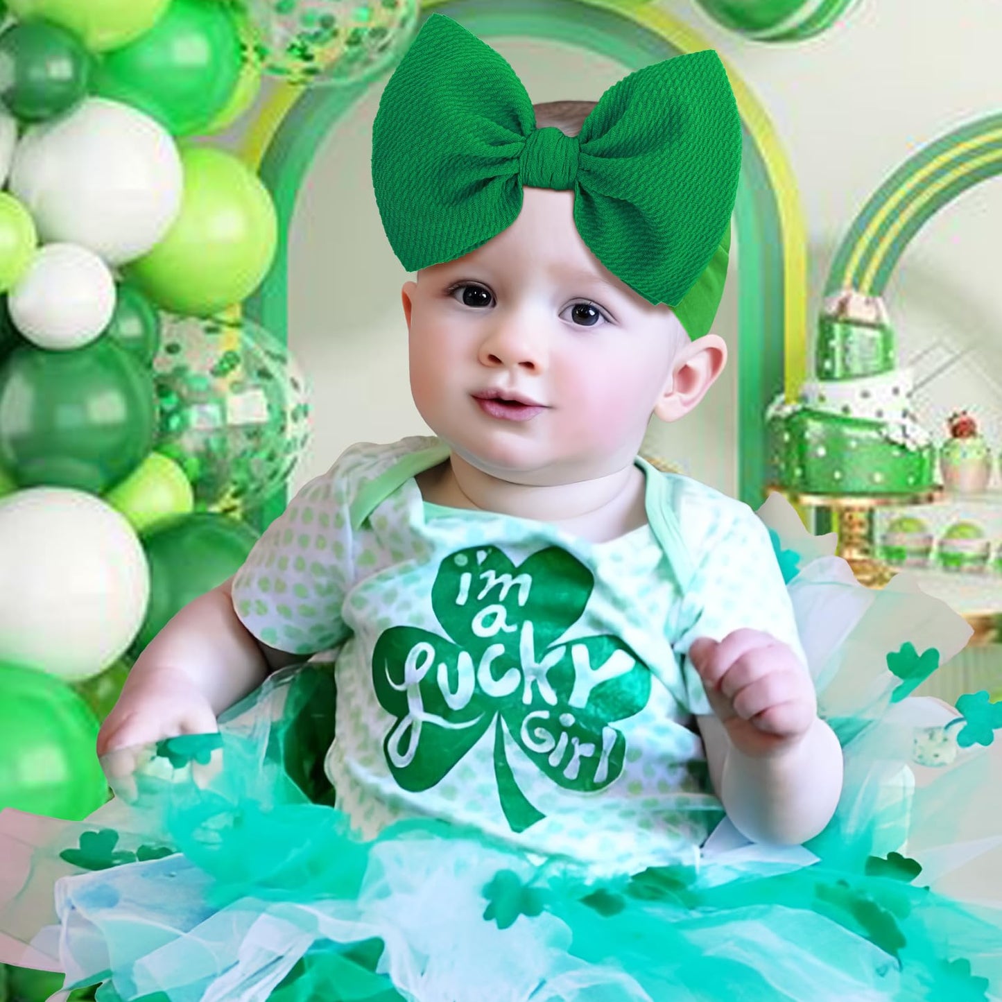 St.Patrick's Day Hair Accessories for Infant Baby Girls, Green Headbands with Bows, Shamrock Print, Nylon Hairbands, 2 Count