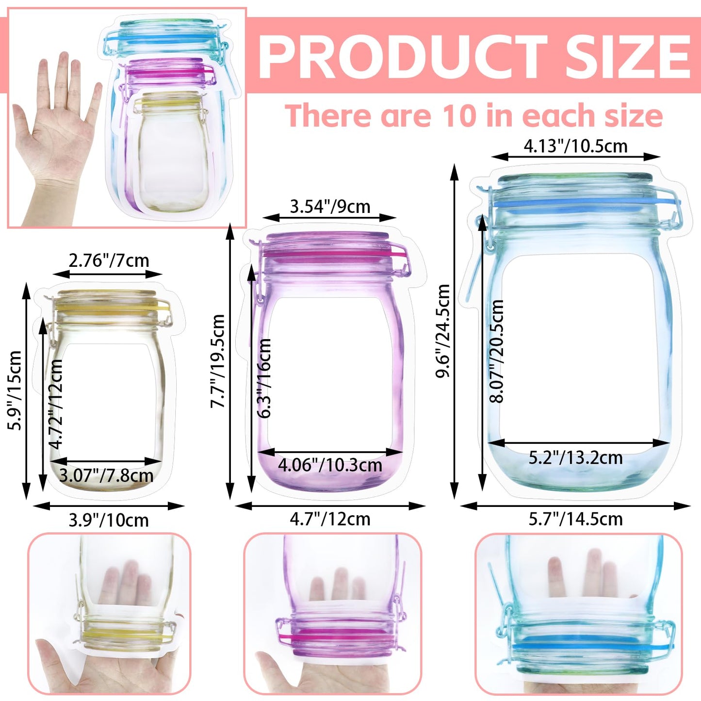 Fireboomoon 30 PCS Multi-Size Mason Jar Bottle Pattern Zipper Bags,Reusable Airtight Seal Leak-Proof Portable Food Snack Save Storage Pouch Bag for Travel Picnic Camping and Kids