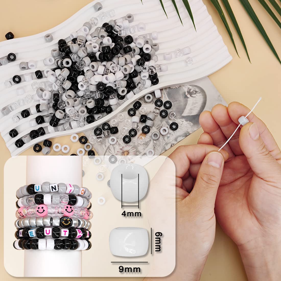 MIIIM 1000PCS 6x9mm Pony Beads Bulk, Black and White Kandi Beads for Bracelets Making Kit, Hair Braids Crafts for Jewelry Making (Neutral)