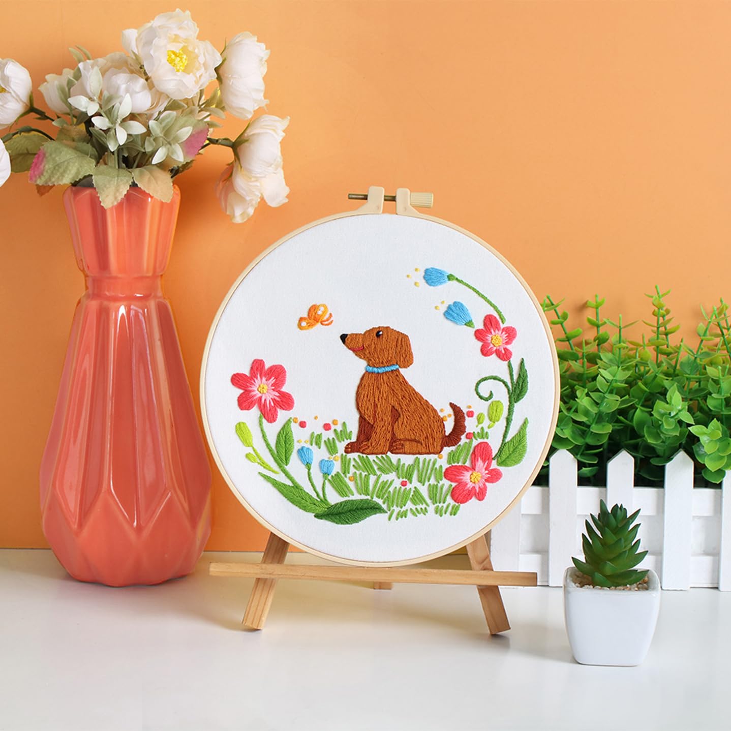 Louise Maelys Dog Embroidery Kits for Beginners with Floral Pattern,Cross Stitch Kit for Adults DIY Needlepoint with Embroidery Instructions