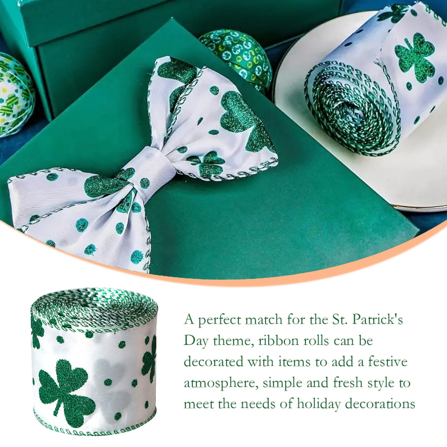 St. Patricks Day Ribbon Wired, Glitter Green Shamrock Fabric Ribbons Gift Wrapping DIY Craft Wreath Bows Making Festival Party Birthday Decoration, 10 Yards x 2.5 Inches