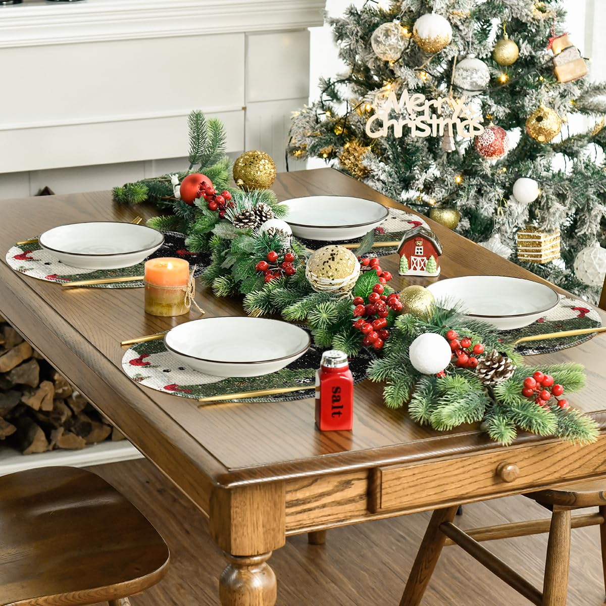 Snowman Trees Snowflakes Christmas Round Placemats Set of 4, 14 Inch Black Winter Round Table Mats for Dining Decoration