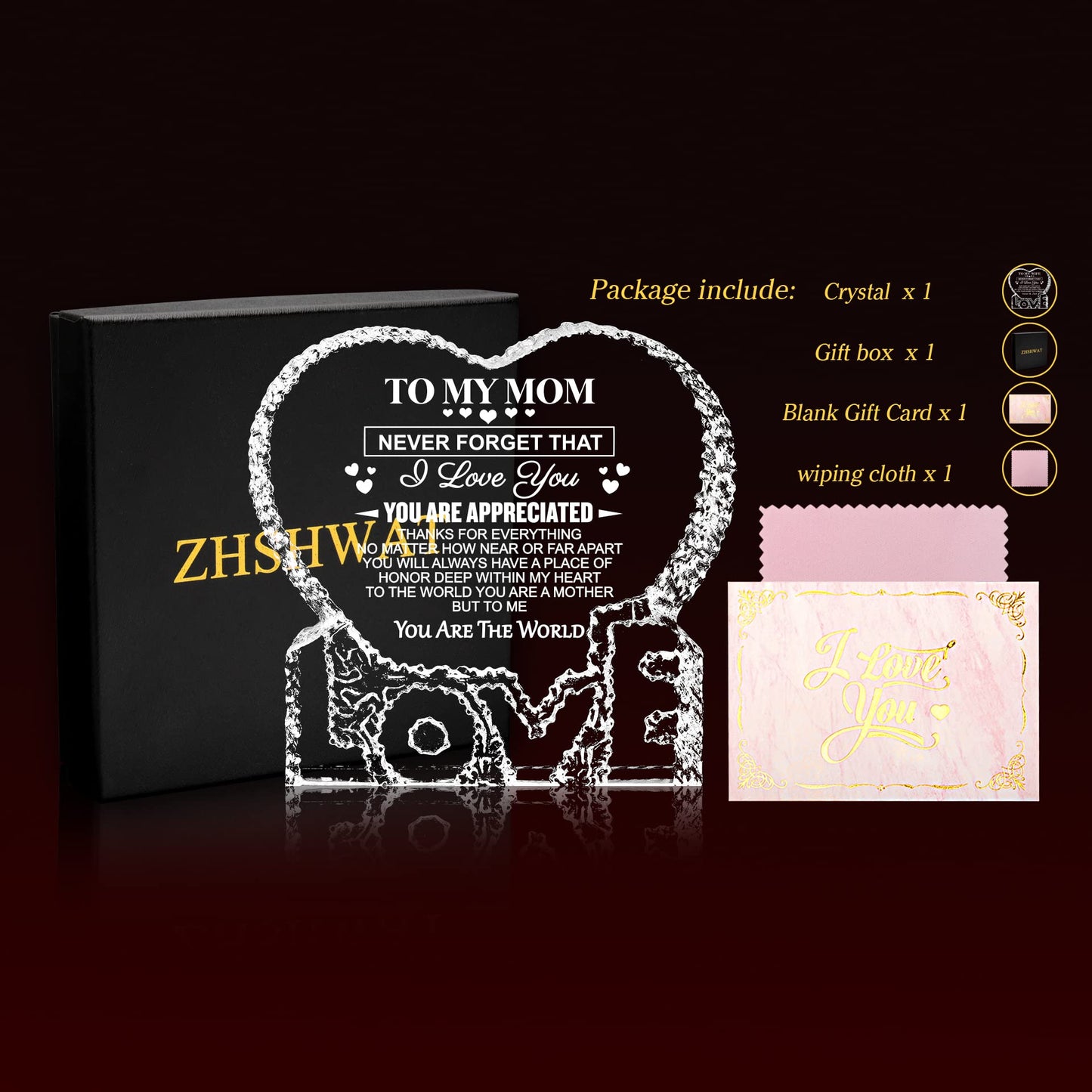 ZHSHWAT Gifts for Mom, K9 Crystal Keepsake Gift from Daughter Son for Mom，Mothers Day Anniversary Birthday Present for Mother
