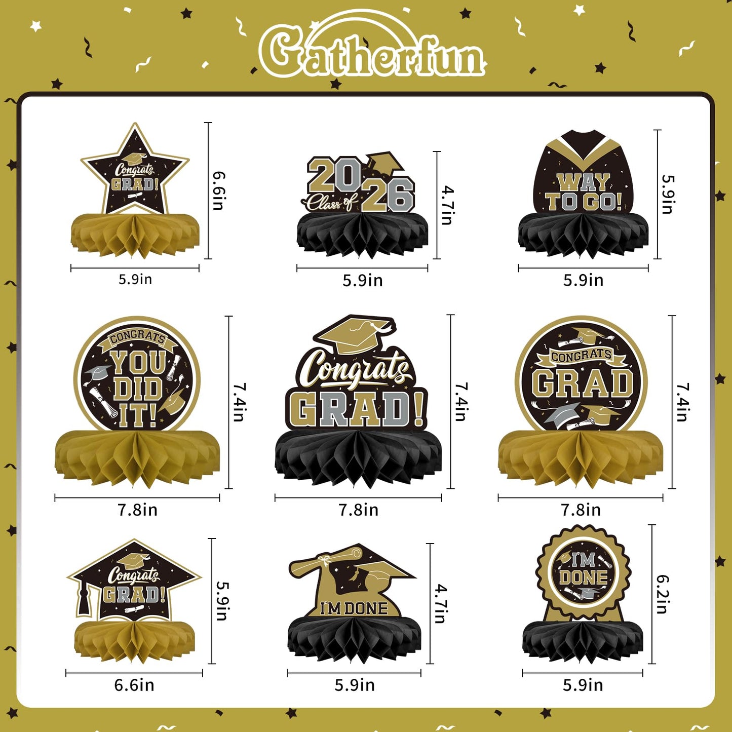 9PCS Graduation Party Decorations Class of 2026 Congrats Grad Table Centerpiece Congratulate Graduation Honeycomb Table Toppers for Graduation Party Supplies(Black）