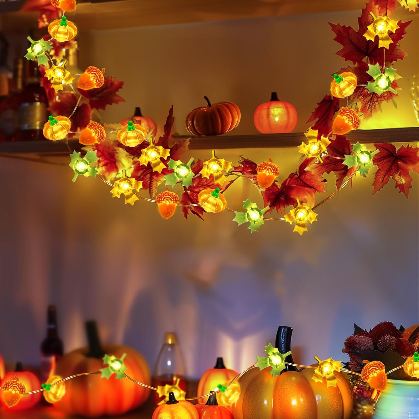 Coquimbo Fall Decorations for Home, 10ft 30 LED Pumpkin Maple Leaf Lights Battery Operated Fairy String Lights Autumn Harvest Table Indoor Outdoor Decor Halloween Thanksgiving Party Decorations Gifts