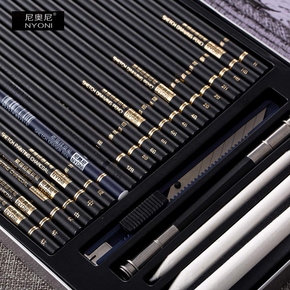 NYONI Sketching Pencils Set, Metal Box Packaging, Including Graphite Pencils、Charcoal Pencils、Blending Stumps and other tools for drawing (A set with 29pieces).