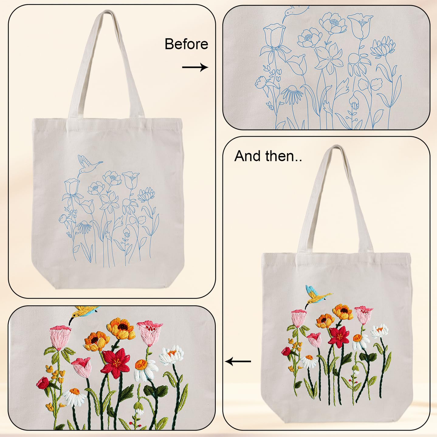 Embroidery Kit Canvas Tote Bag for Beginners,Cross Stitch Kits for Adults,DIY Crafts Needlepoint Include Hummingbird Floral Pattern,Women Shopping Reusable Grocery Bags