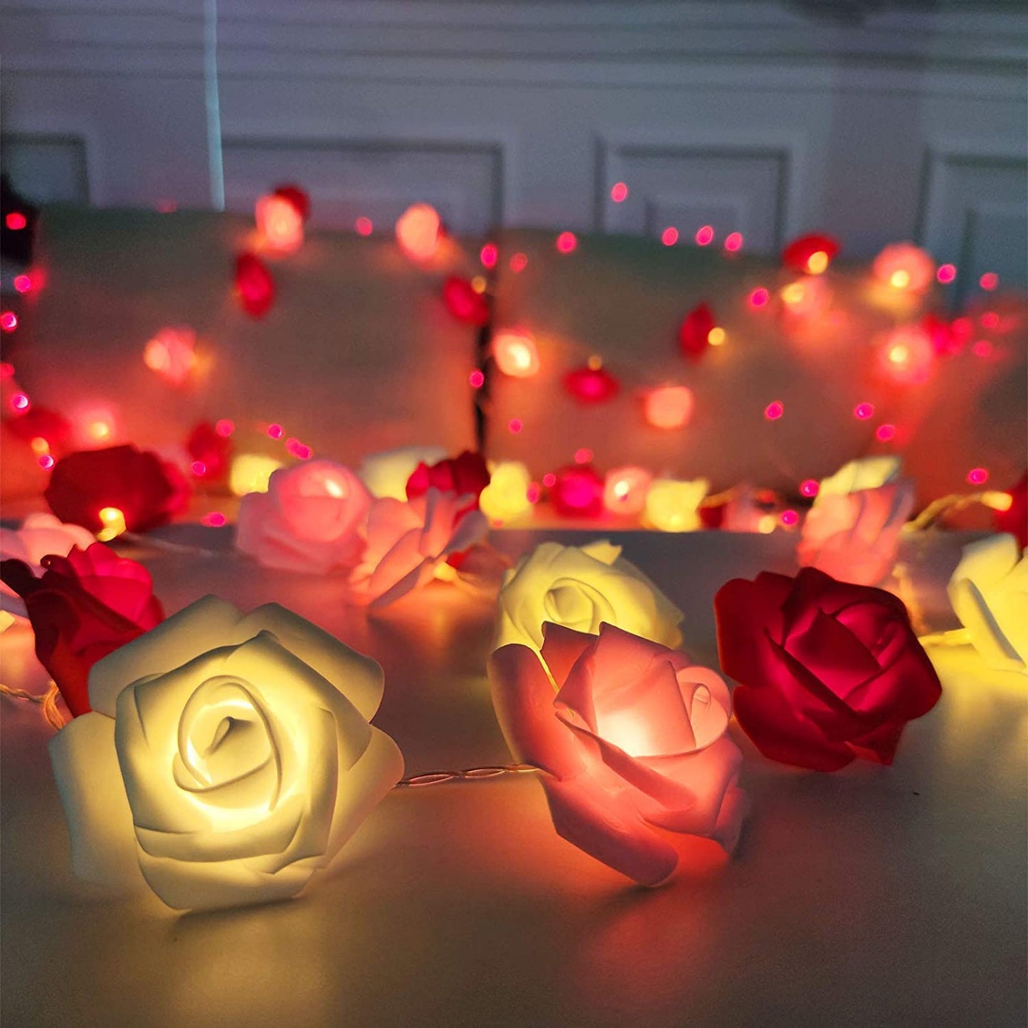 10FT 30LED Rose Light Valentines Day Decorations Flower String Light Red Pink White Valentines Lights Battery Operated Valentine Garland with Lights Indoor Outdoor Home Party Wedding Decor