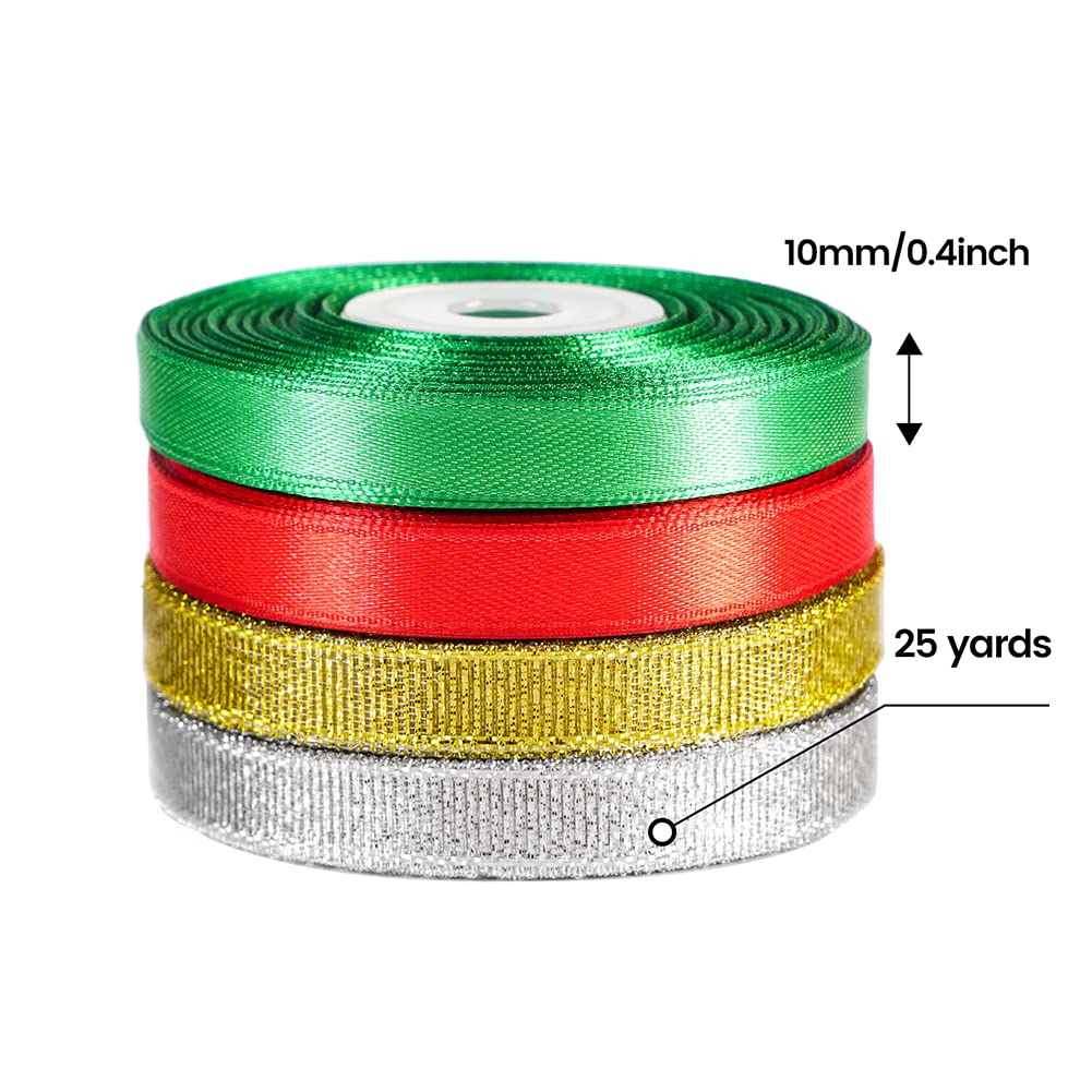 4 Rolls 3/8" Christmas Ribbon - Glitter Metallic Ribbon & Satin Ribbons Set, Total 100 Yards Xmas Holiday Festival for Gift Wrapping, Crafts, Festival Ornaments, Wedding Party Decoration