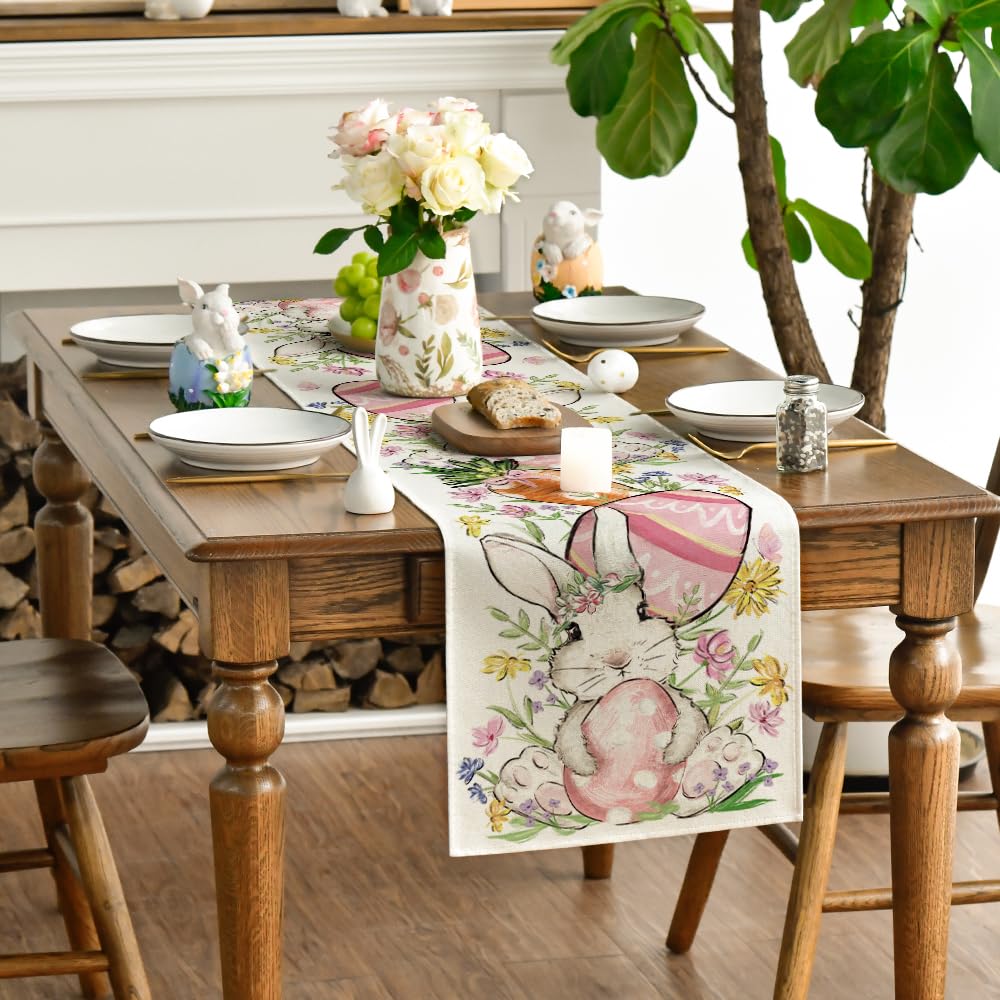 Bunny Rabbit Egg Flower Easter Table Runner, Seasonal Spring Kitchen Dining Table Decoration for Home Party Decor 13x72 Inch